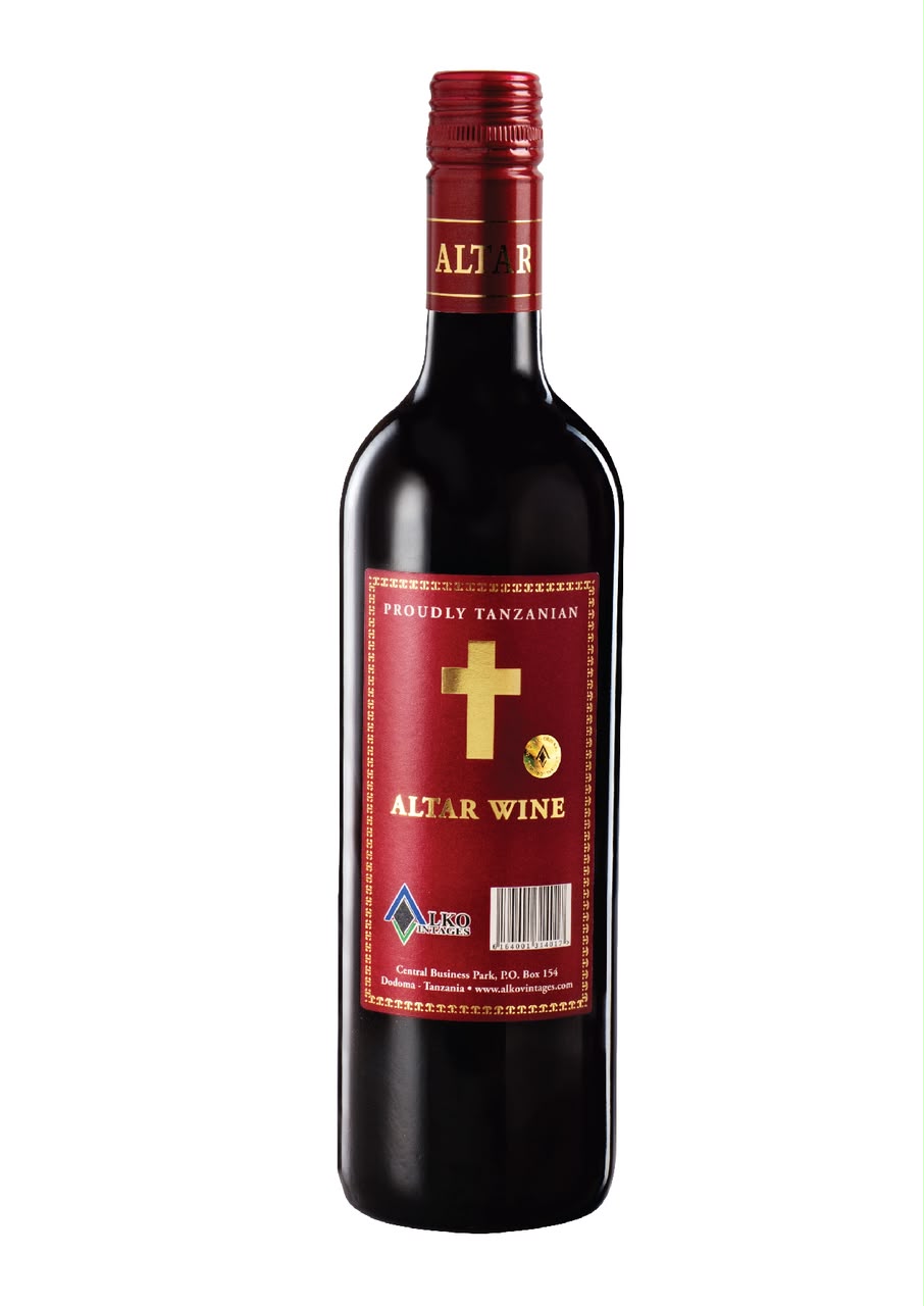 Bottle of Altar Wine with its distinctive red and gold label